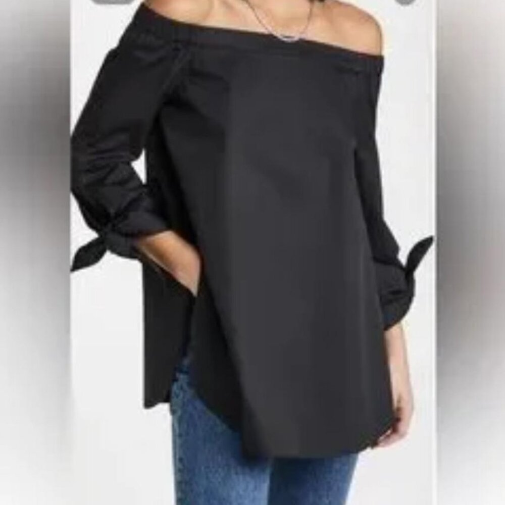 Free People Tie Sleeve Off The Shoulder Strapless Navy Black Top (Ladies Size M)